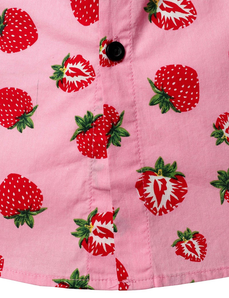 JOGAL Men's Cotton Button Down Short Sleeve Hawaiian Shirt Medium Pink Strawberry - Image 4